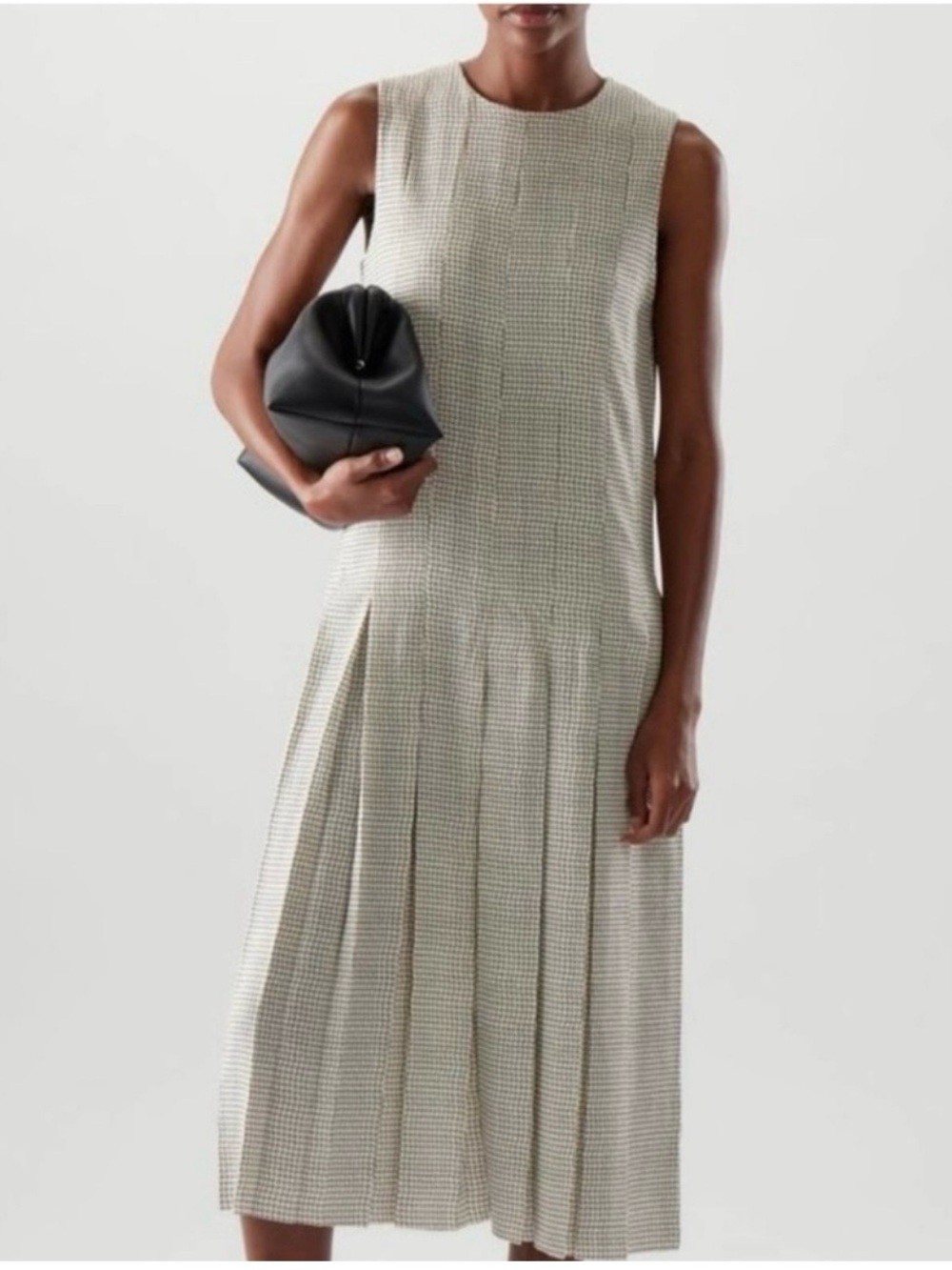 COS Sleeveless Pleated Midi Dress in Cream Check size 14